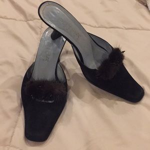 Black kitten heel Italian Mink crystal trim 35.5